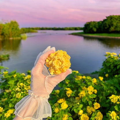Hand holding a yellow marshmallow flower shaped like a rose, outdoors near a lake with green foliage and yellow flowers in the background