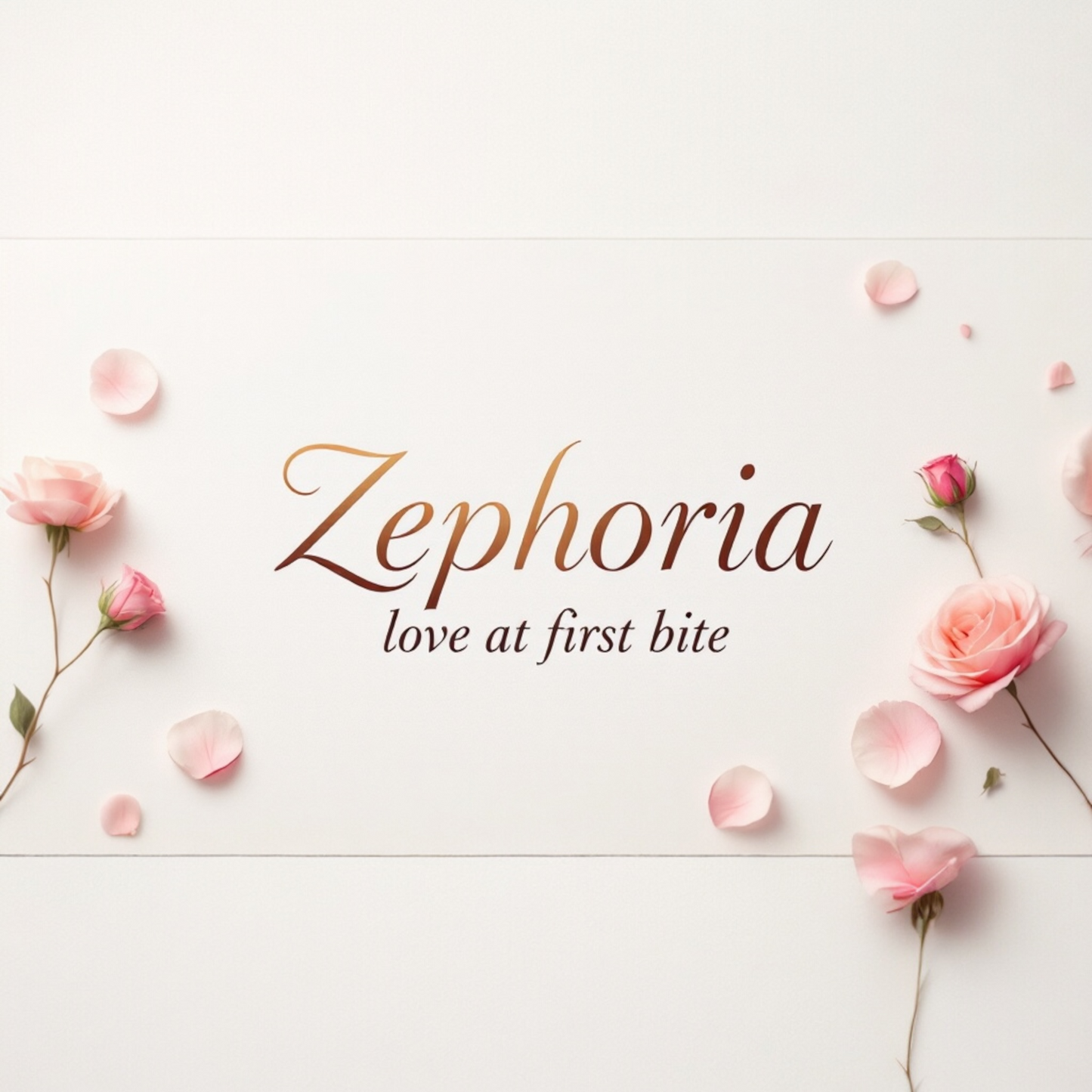 A digital gift card from Zephoria featuring the brand's logo, with the text 'love at first bite' and a floral design.